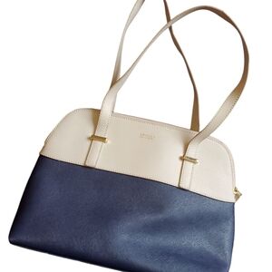 Cream and Blue Structured Shoulder Bag